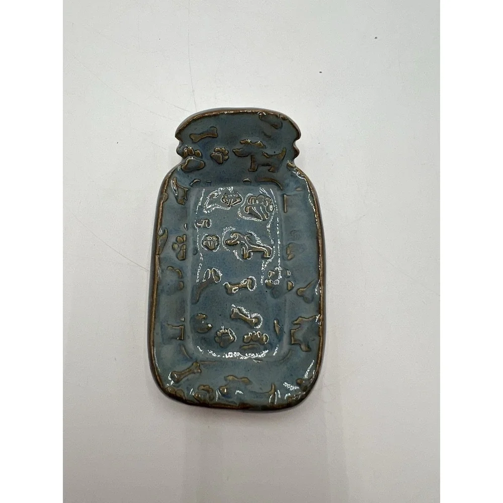 Handmade Pottery Dog Spoon Rest Blue Glaze Paw Print Bone Ceramic
